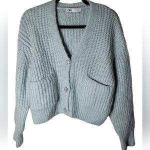 Zara Soft Blue Fuzzy Cardigan Sz S